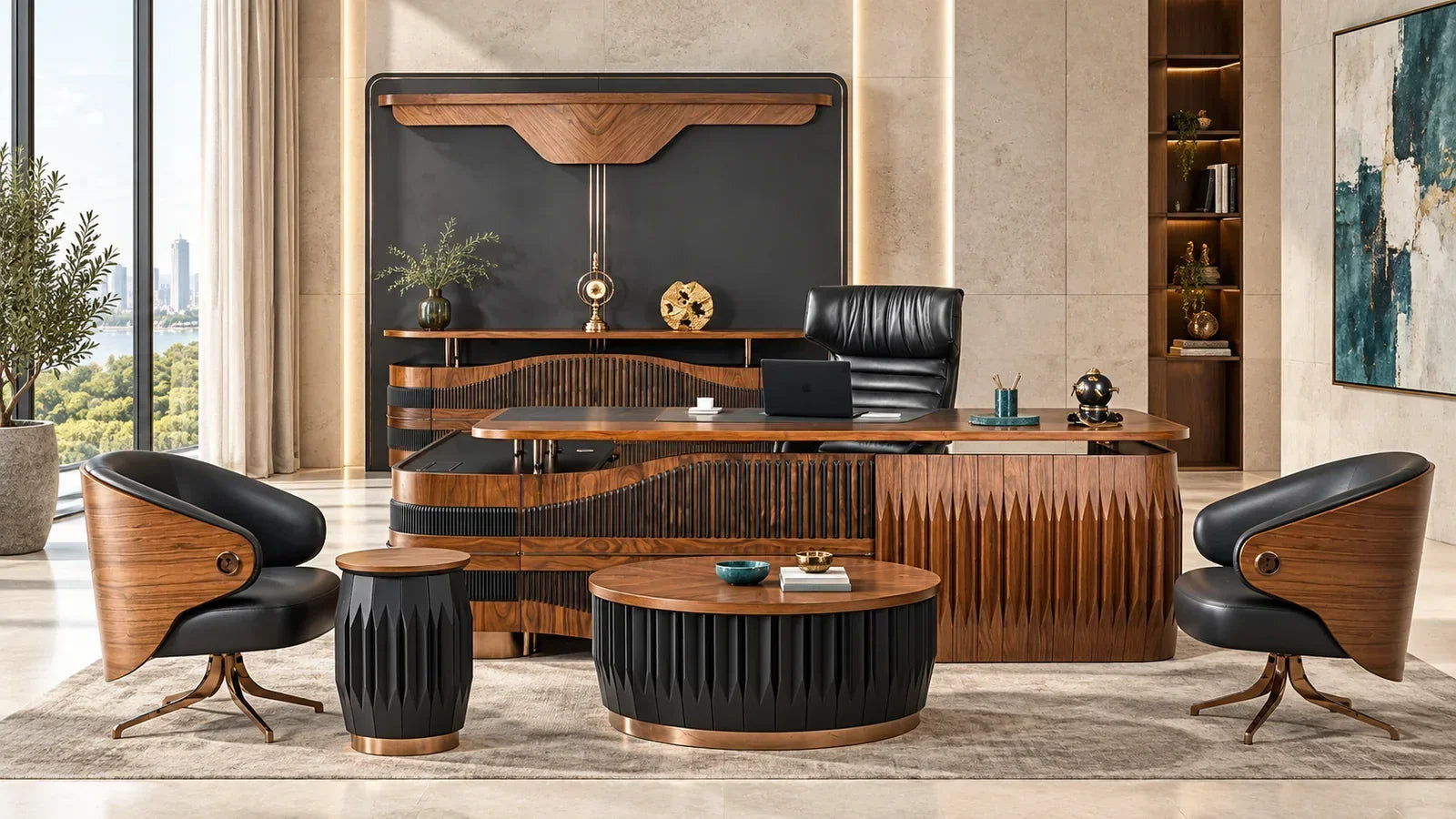 Baritone vezetői bútorkollekció gazdag faárnyalatokkal, fekete bordázattal és világos építészeti háttérrel