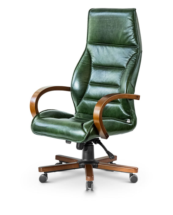 AFFI XXL valódi bőr nagy teherbírású irodaszék 200 KG-ig  Fa kartámasz, fa borítású láb