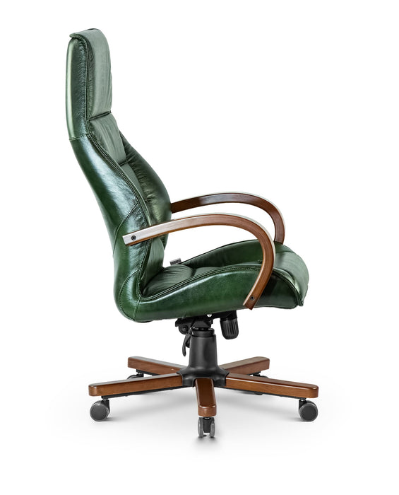 AFFI XXL valódi bőr nagy teherbírású irodaszék 200 KG-ig  Fa kartámasz, fa borítású láb