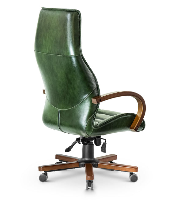 AFFI XXL valódi bőr nagy teherbírású irodaszék 200 KG-ig  Fa kartámasz, fa borítású láb