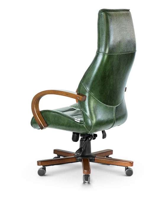 AFFI XXL valódi bőr nagy teherbírású irodaszék 200 KG-ig  Fa kartámasz, fa borítású láb