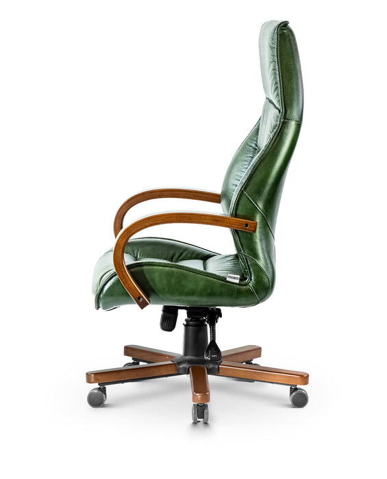 AFFI XXL valódi bőr nagy teherbírású irodaszék 200 KG-ig  Fa kartámasz, fa borítású láb