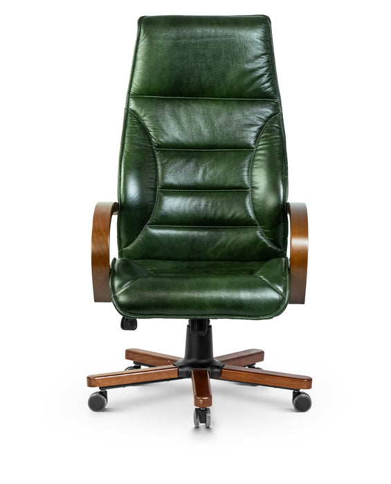 AFFI XXL valódi bőr nagy teherbírású irodaszék 200 KG-ig  Fa kartámasz, fa borítású láb