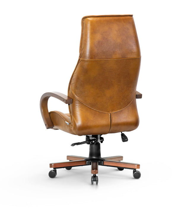 AFFI XXL valódi bőr nagy teherbírású irodaszék 200 KG-ig  Fa  kartámasz,  fa borítású fém csillagtalp