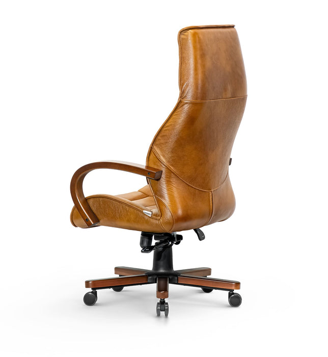 AFFI XXL valódi bőr nagy teherbírású irodaszék 200 KG-ig  Fa  kartámasz,  fa borítású fém csillagtalp