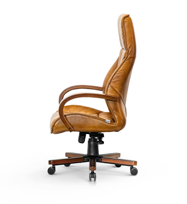 AFFI XXL valódi bőr nagy teherbírású irodaszék 200 KG-ig  Fa  kartámasz,  fa borítású fém csillagtalp