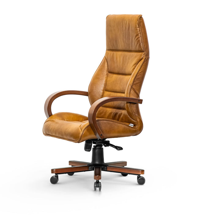 AFFI XXL valódi bőr nagy teherbírású irodaszék 200 KG-ig  Fa  kartámasz,  fa borítású fém csillagtalp