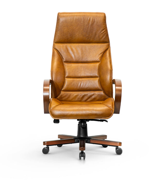 AFFI XXL valódi bőr nagy teherbírású irodaszék 200 KG-ig  Fa  kartámasz,  fa borítású fém csillagtalp