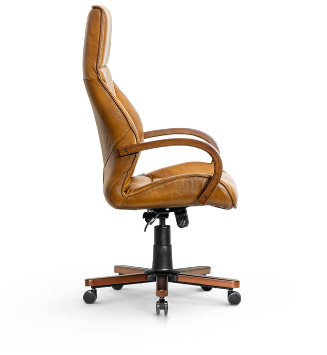 AFFI XXL valódi bőr nagy teherbírású irodaszék 200 KG-ig  Fa  kartámasz,  fa borítású fém csillagtalp