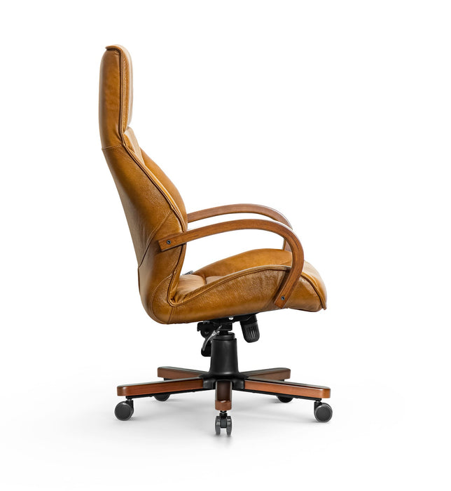 AFFI XXL valódi bőr nagy teherbírású irodaszék 200 KG-ig  Fa  kartámasz,  fa borítású fém csillagtalp