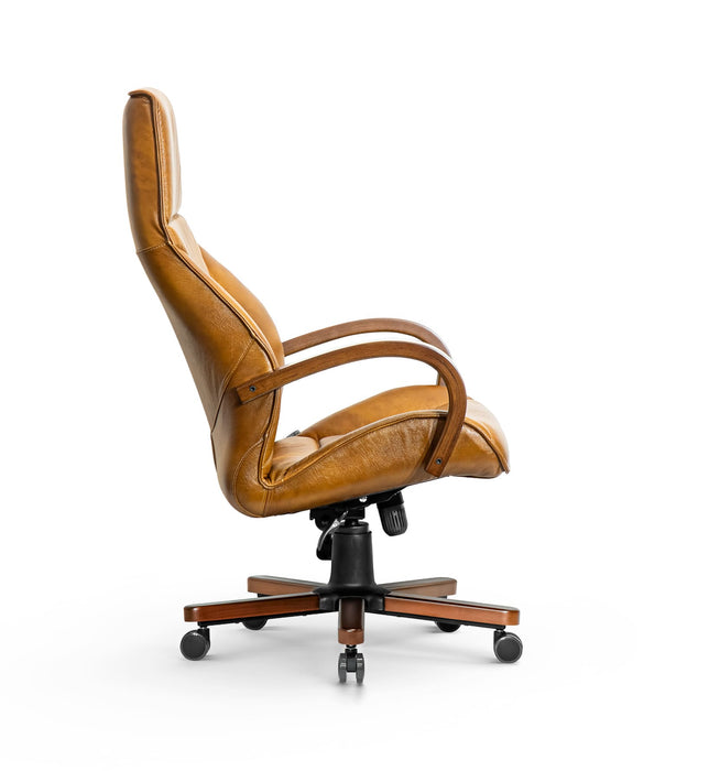 AFFI XXL valódi bőr nagy teherbírású irodaszék 200 KG-ig  Fa  kartámasz,  fa borítású fém csillagtalp