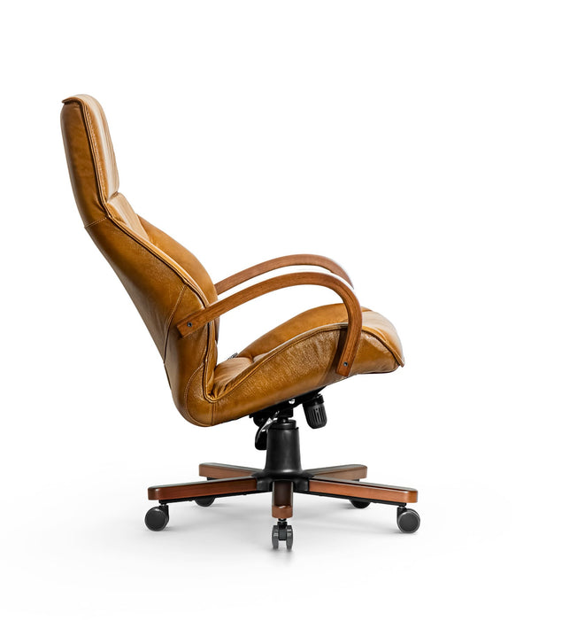 AFFI XXL valódi bőr nagy teherbírású irodaszék 200 KG-ig  Fa  kartámasz,  fa borítású fém csillagtalp