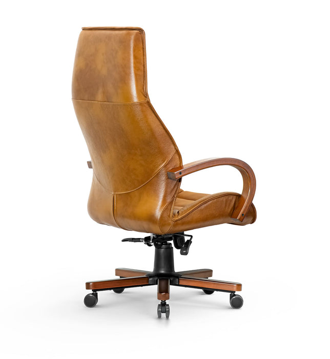 AFFI XXL valódi bőr nagy teherbírású irodaszék 200 KG-ig  Fa  kartámasz,  fa borítású fém csillagtalp