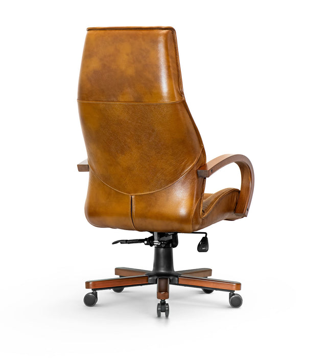 AFFI XXL valódi bőr nagy teherbírású irodaszék 200 KG-ig  Fa  kartámasz,  fa borítású fém csillagtalp