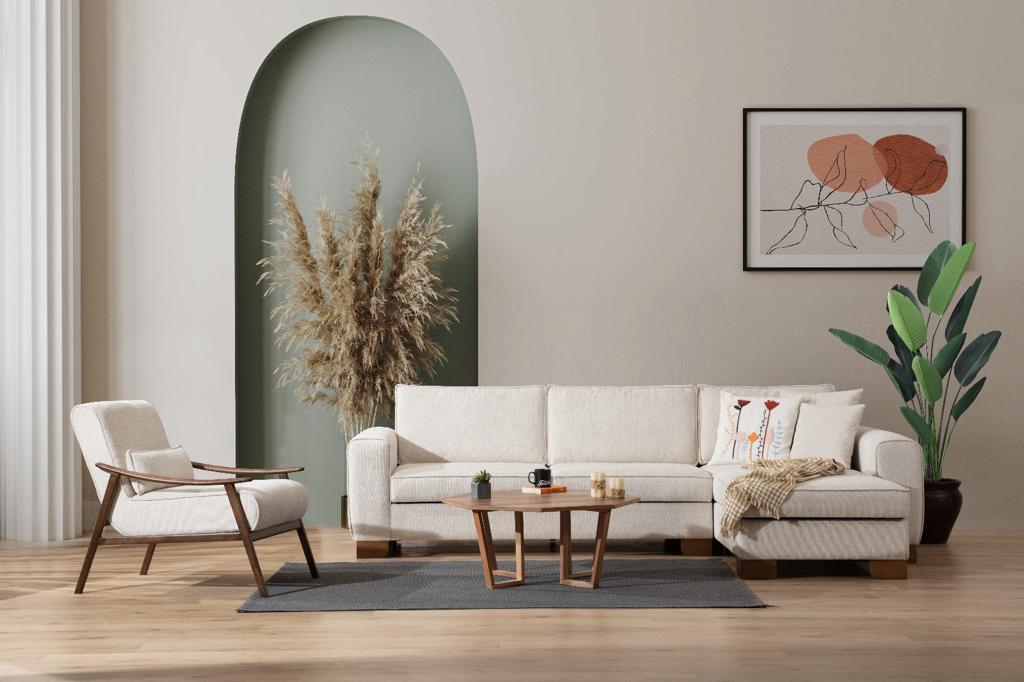 BELLA L-alakú ágyazható kanapé tárolóval, bézs színben