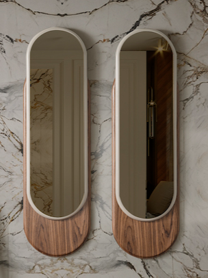 A Lio Italia olasz diófa kerettel ellátott ovális fali tükör, lekerekített szegélyével az étkező modern berendezése.