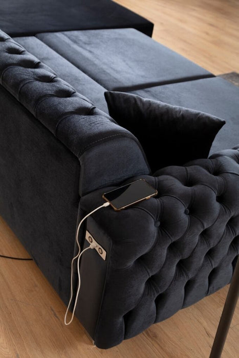 DANA Silver/Gold Chesterfield L-alakú kanapé, elektromosan ágyazható, fekete bársony
