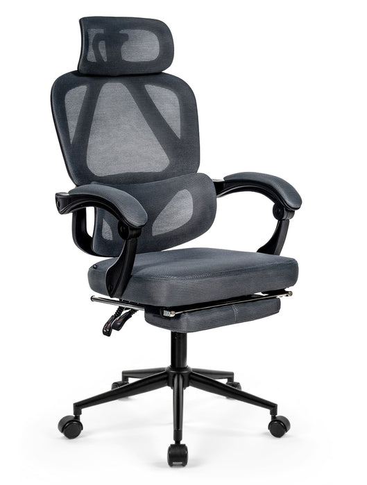 Gander_ergonomikus_szurke_halos_irodai_szek_labtartoval_fekete_fem_csillagtalp_Deluzzo