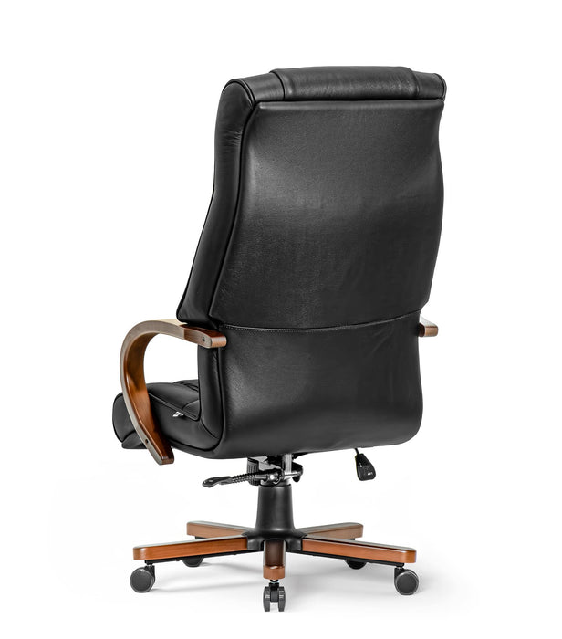 Opera XXXL matt fekete valódi bőr nagy teherbírású irodaszék 250 KG-ig - Fa kartámasz, fa borítású láb