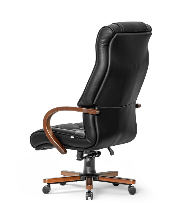 Opera XXXL matt fekete valódi bőr nagy teherbírású irodaszék 250 KG-ig - Fa kartámasz, fa borítású láb