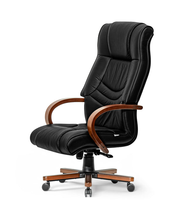 Opera XXXL matt fekete valódi bőr nagy teherbírású irodaszék 250 KG-ig - Fa kartámasz, fa borítású láb
