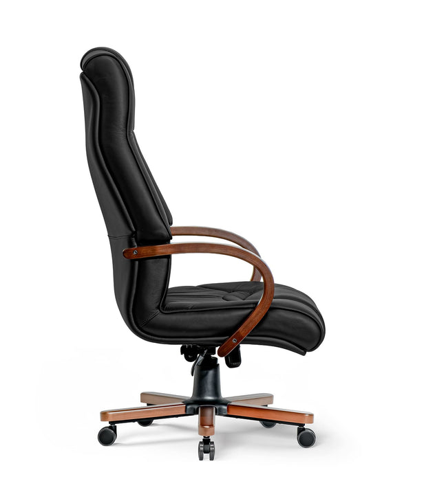 Opera XXXL matt fekete valódi bőr nagy teherbírású irodaszék 250 KG-ig - Fa kartámasz, fa borítású láb