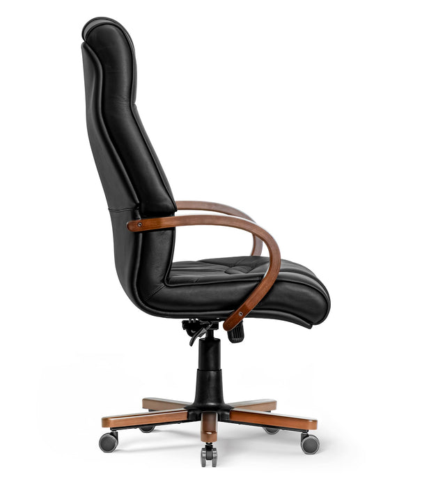 Opera XXXL matt fekete valódi bőr nagy teherbírású irodaszék 250 KG-ig - Fa kartámasz, fa borítású láb