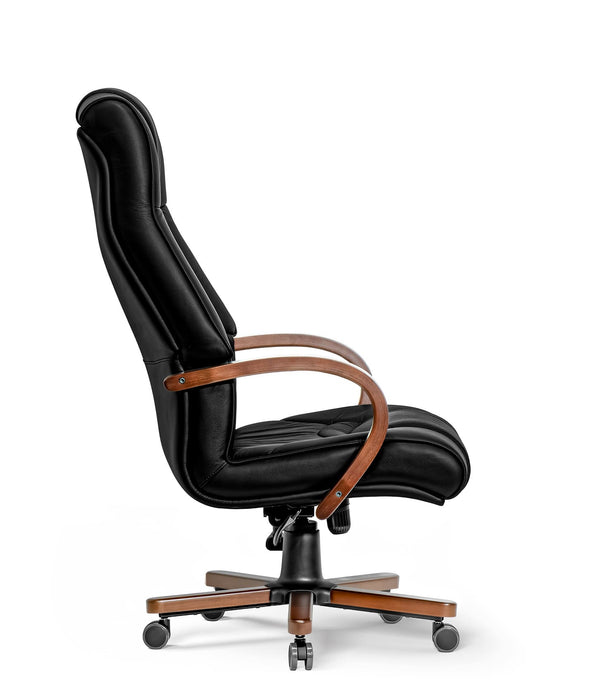 Opera XXXL matt fekete valódi bőr nagy teherbírású irodaszék 250 KG-ig - Fa kartámasz, fa borítású láb