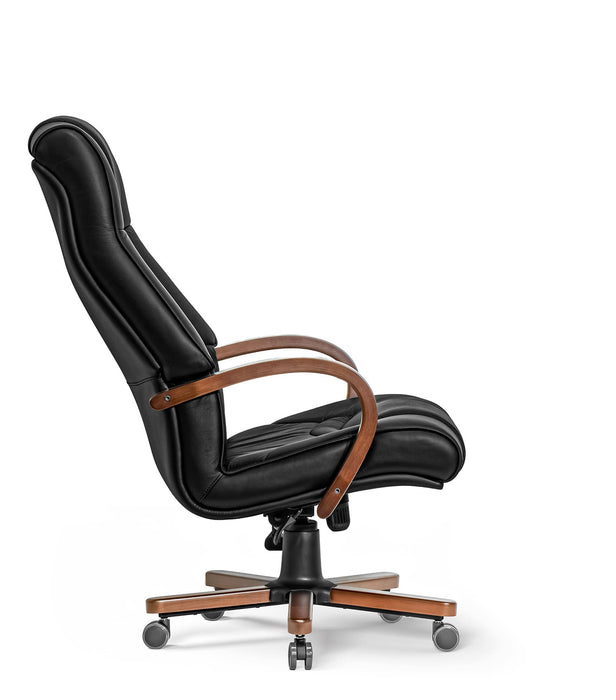 Opera XXXL matt fekete valódi bőr nagy teherbírású irodaszék 250 KG-ig - Fa kartámasz, fa borítású láb