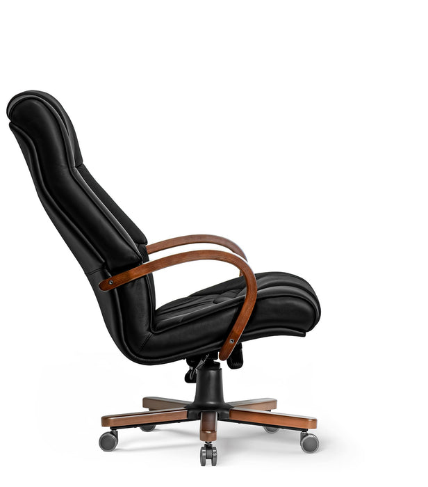 Opera XXXL matt fekete valódi bőr nagy teherbírású irodaszék 250 KG-ig - Fa kartámasz, fa borítású láb