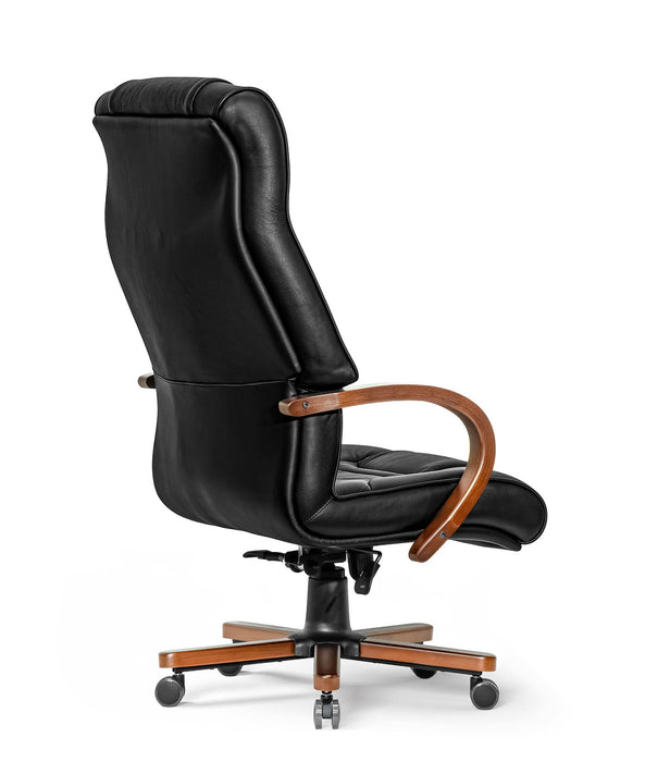 Opera XXXL matt fekete valódi bőr nagy teherbírású irodaszék 250 KG-ig - Fa kartámasz, fa borítású láb