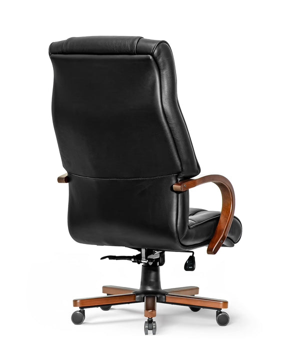 Opera XXXL matt fekete valódi bőr nagy teherbírású irodaszék 250 KG-ig - Fa kartámasz, fa borítású láb