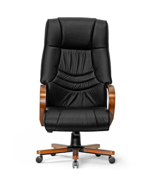 Opera XXXL matt fekete valódi bőr nagy teherbírású irodaszék 250 KG-ig - Fa kartámasz, fa borítású láb