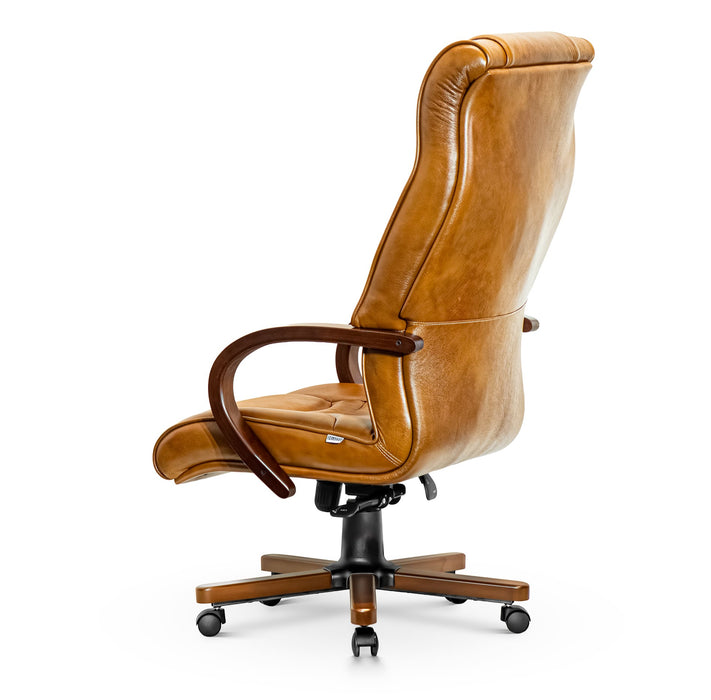 Opera XXXL valódi bőr nagy teherbírású irodaszék 250 KG-ig - Fa kartámasz, fa borítású láb