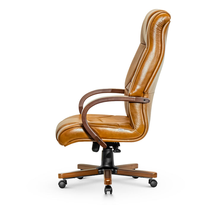 Opera XXXL valódi bőr nagy teherbírású irodaszék 250 KG-ig - Fa kartámasz, fa borítású láb