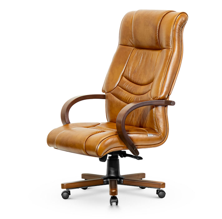 Opera XXXL valódi bőr nagy teherbírású irodaszék 250 KG-ig - Fa kartámasz, fa borítású láb