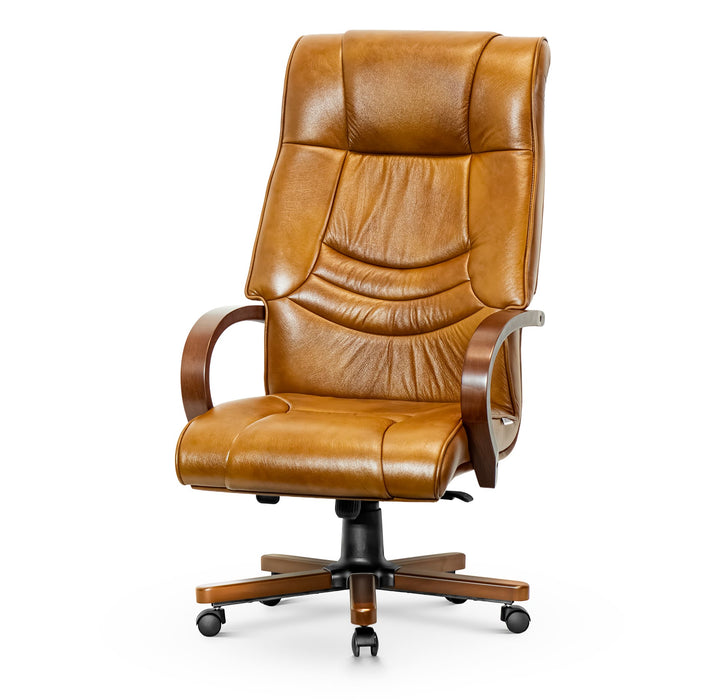 Opera XXXL valódi bőr nagy teherbírású irodaszék 250 KG-ig - Fa kartámasz, fa borítású láb