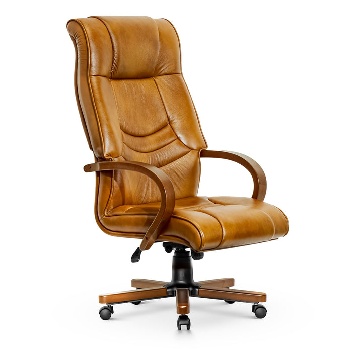 Opera XXXL valódi bőr nagy teherbírású irodaszék 250 KG-ig - Fa kartámasz, fa borítású láb