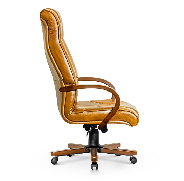 Opera XXXL valódi bőr nagy teherbírású irodaszék 250 KG-ig - Fa kartámasz, fa borítású láb