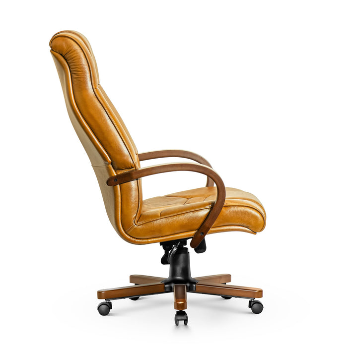 Opera XXXL valódi bőr nagy teherbírású irodaszék 250 KG-ig - Fa kartámasz, fa borítású láb