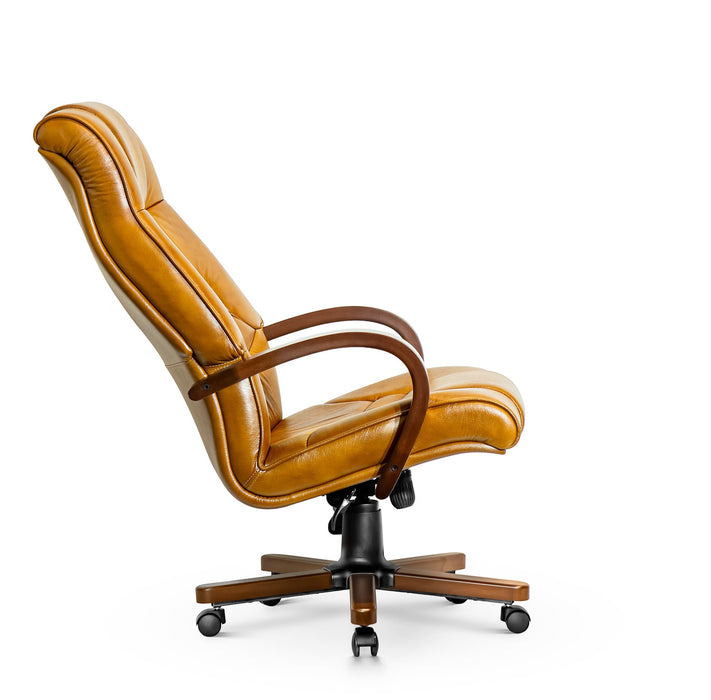 Opera XXXL valódi bőr nagy teherbírású irodaszék 250 KG-ig - Fa kartámasz, fa borítású láb