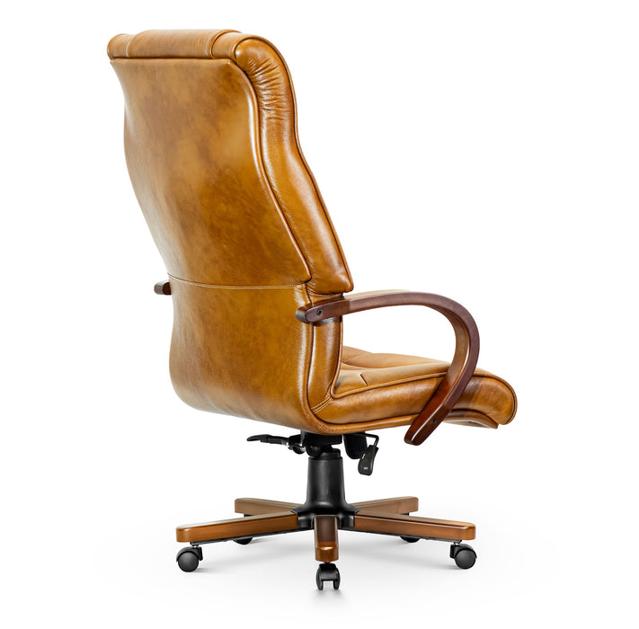 Opera XXXL valódi bőr nagy teherbírású irodaszék 250 KG-ig - Fa kartámasz, fa borítású láb