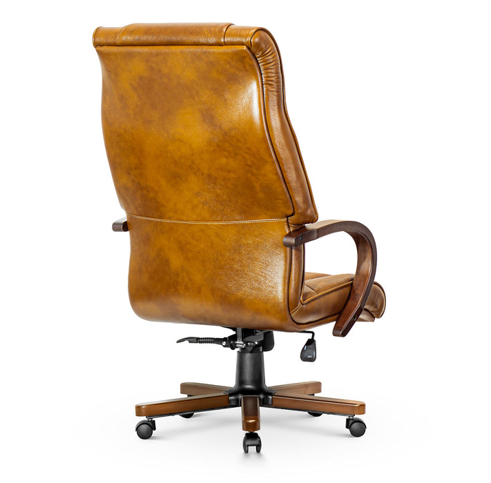 Opera XXXL valódi bőr nagy teherbírású irodaszék 250 KG-ig - Fa kartámasz, fa borítású láb