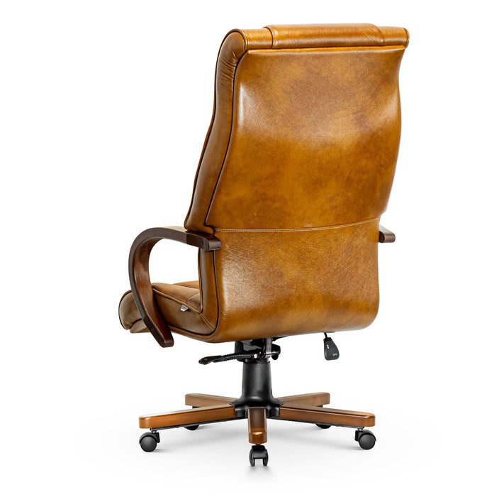 Opera XXXL valódi bőr nagy teherbírású irodaszék 250 KG-ig - Fa kartámasz, fa borítású láb