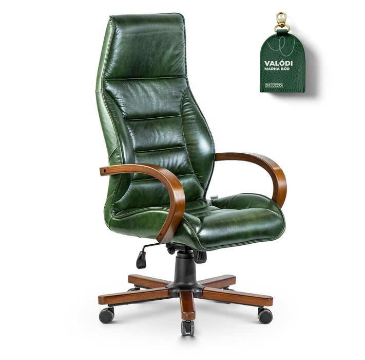 AFFI XXL valódi bőr nagy teherbírású irodaszék 200 KG-ig  Fa kartámasz, fa borítású láb