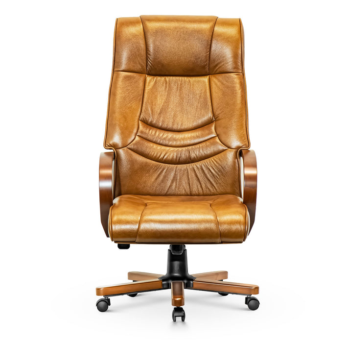 Opera XXXL valódi bőr nagy teherbírású irodaszék 250 KG-ig - Fa kartámasz, fa borítású láb