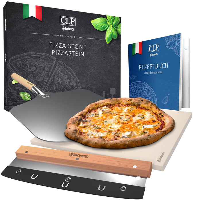 Pizzakő szett cordierit kőből 38 × 30 cm, önállóan vagy pizzalapáttal és pizzavágóval – Deluzzo