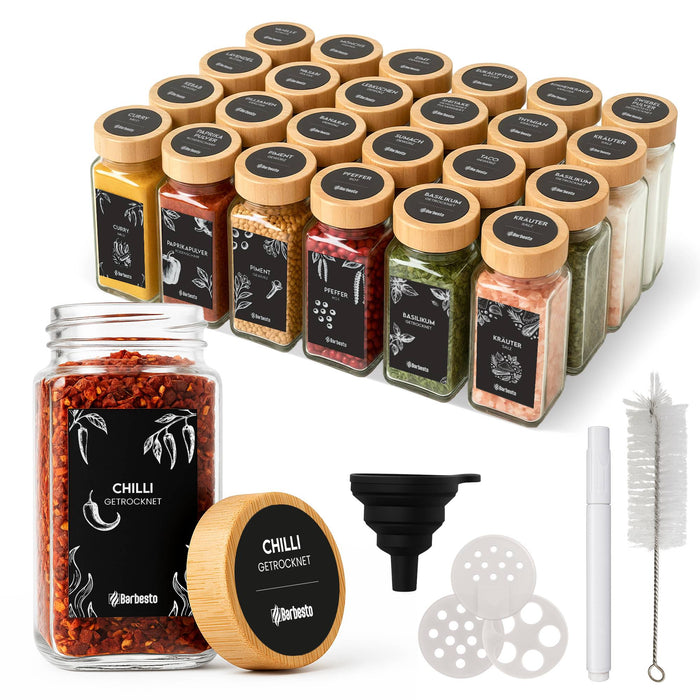 Szögletes fűszertartó üvegek bambusz fedéllel, 24 db-os szett, 120 ml – Deluzzo