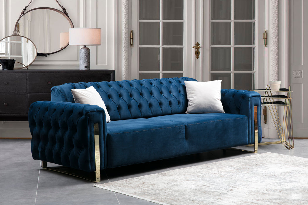 Dana chesterfield stílusú kanapé, elektromosan ágyazható, kék bársony
