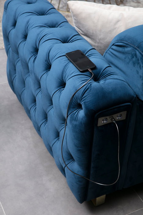 DANA Gold chesterfield kanapé, elektromosan ágyazható, kék bársony